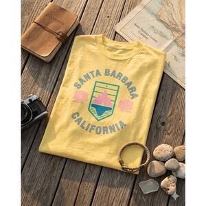 Vintage 90s Oneita Santa Barbara California Graphic T-Shirt Yellow Size Large